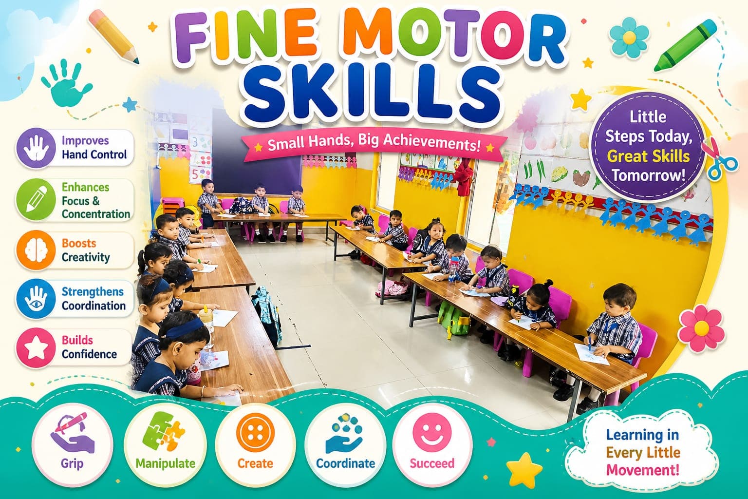 Develops pencil readiness, control, and classroom independence for young learners.